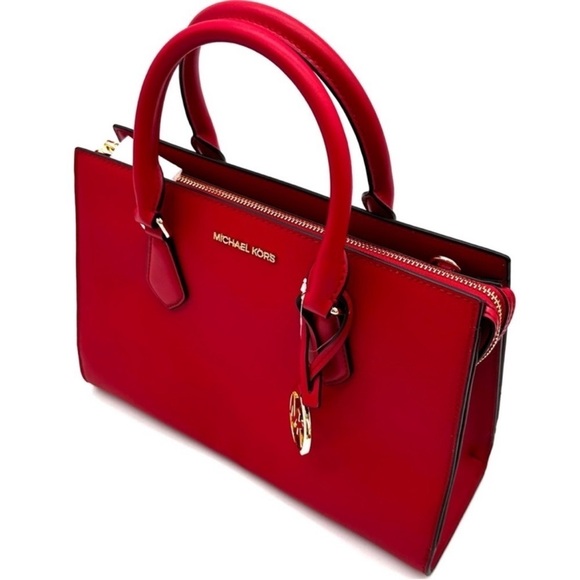 Michael Kors Sheila Medium Center Zip Satchel Bag & Large Double Zip Wallet Red - Picture 6 of 16